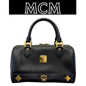 MCM Black Pebble Leather Boston Satchel w/Gold Hardware, EUC